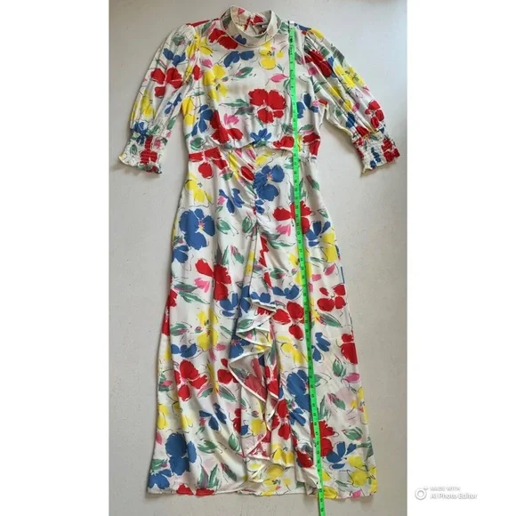 Rixo Feminine & Flirty Floral Puff Sleeve Maxi Dress Size 8 Ivory Red Blue NWT - Picture 16 of 17